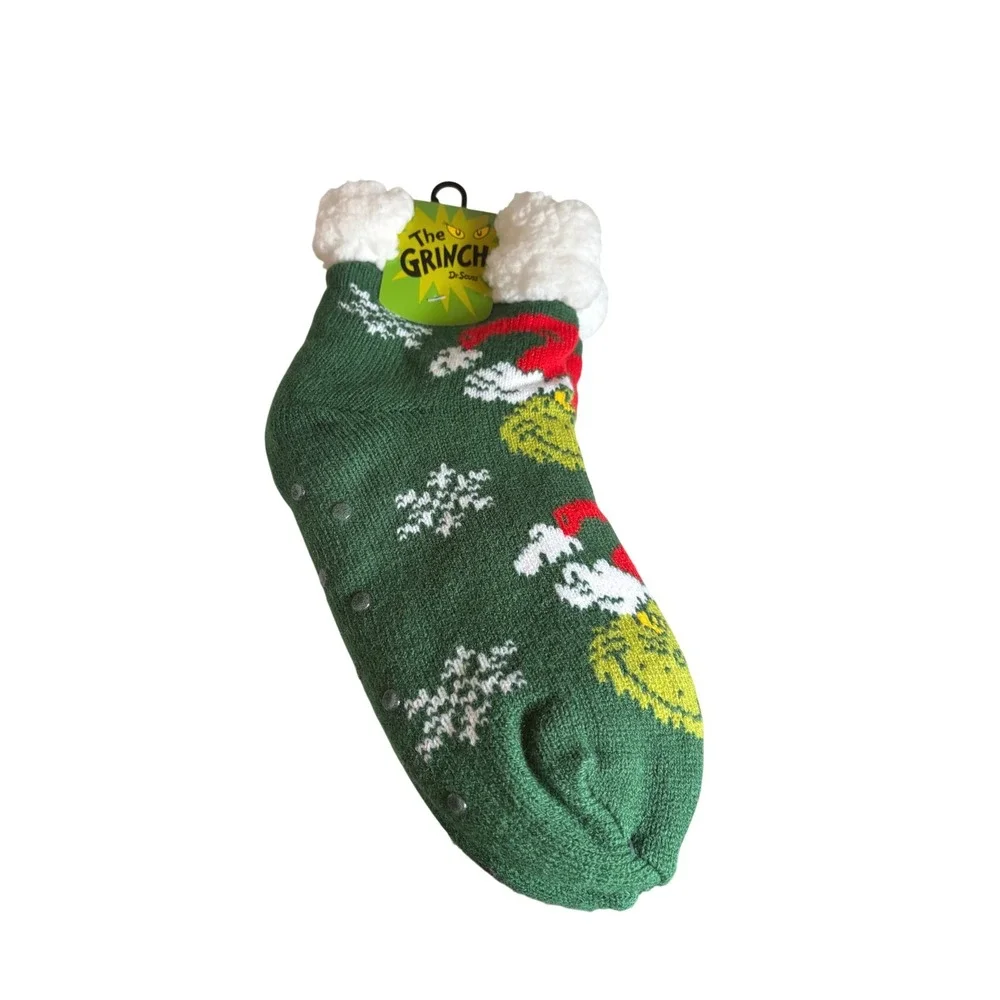 The Grinch Dr Seuss Slipper Socks Green Sherpa Lined Non-Slip Christmas 5-10